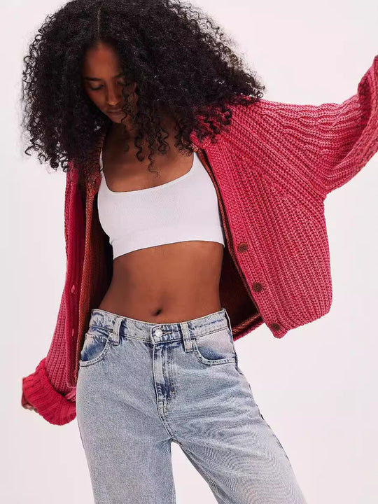 Damen lässige Strickjacke mit dekorativem Knopfverschluss und voluminösen Ärmeln R&B