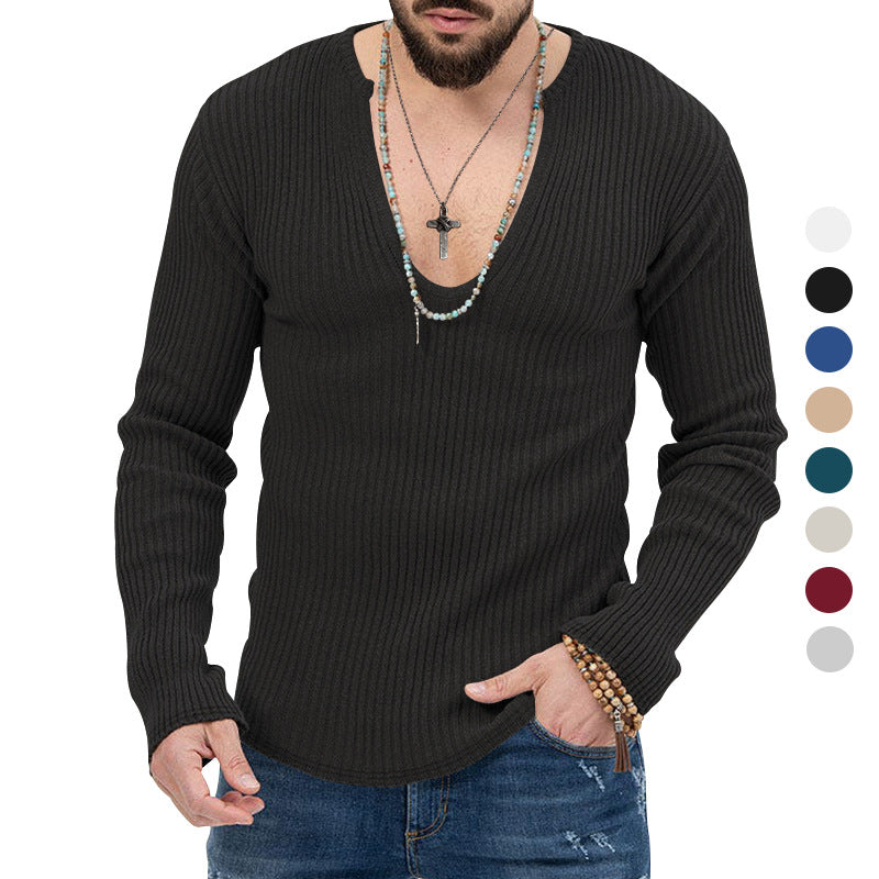 Herren lässiger Ripp-Pullover mit tiefem V-Ausschnitt und feiner Struktur R&B