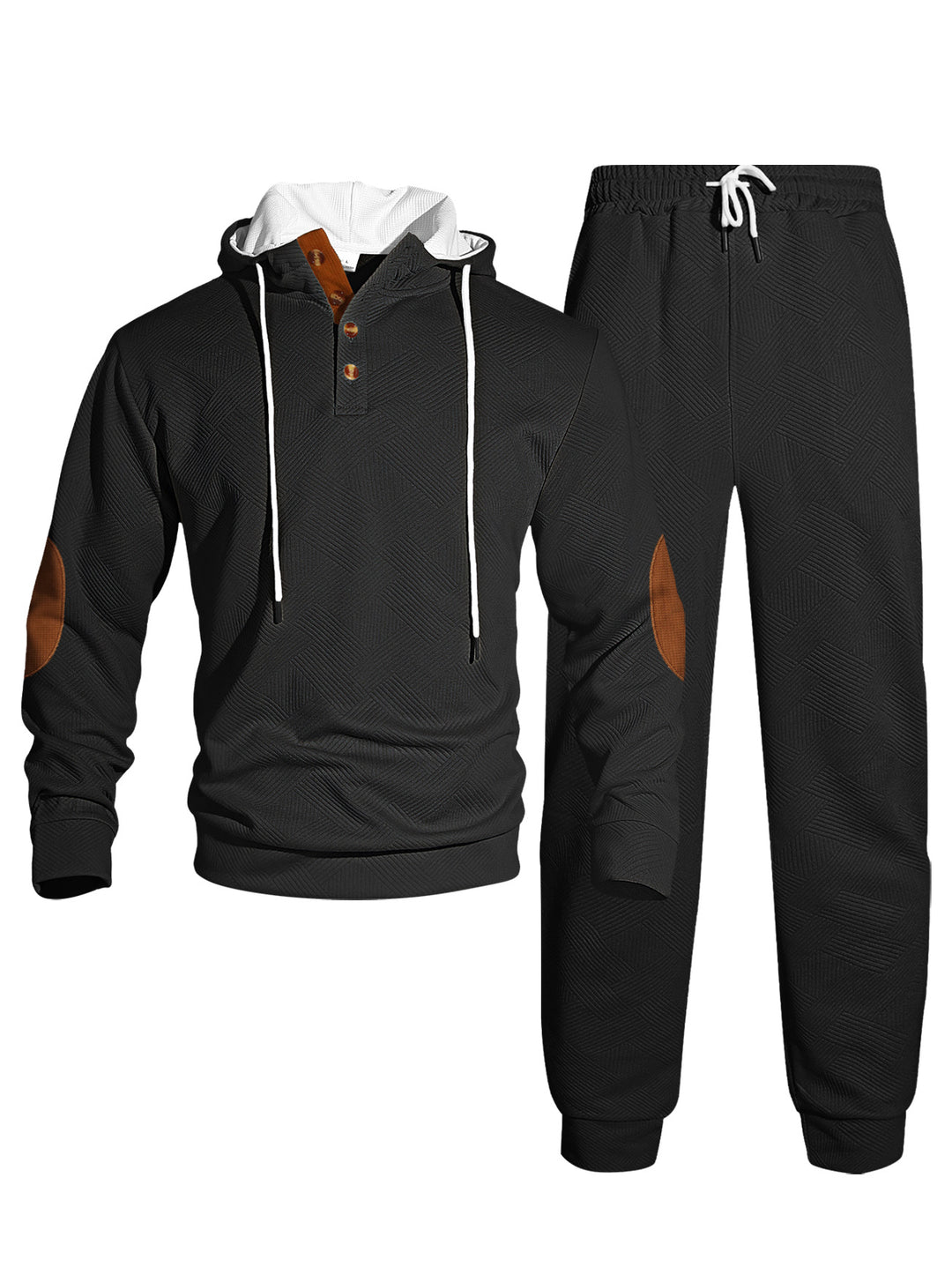 Herren nan Waffelstruktur Henley-Kapuzen-Set mit Holzknopfleiste Ellbogen-Patches und konischer Jogginghose R&B