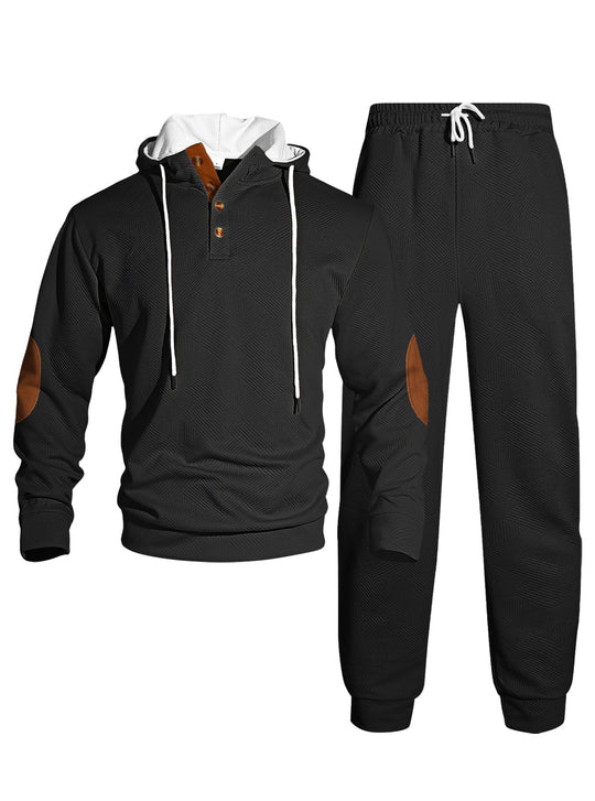 Herren nan Waffelstruktur Henley-Kapuzen-Set mit Holzknopfleiste Ellbogen-Patches und konischer Jogginghose R&B