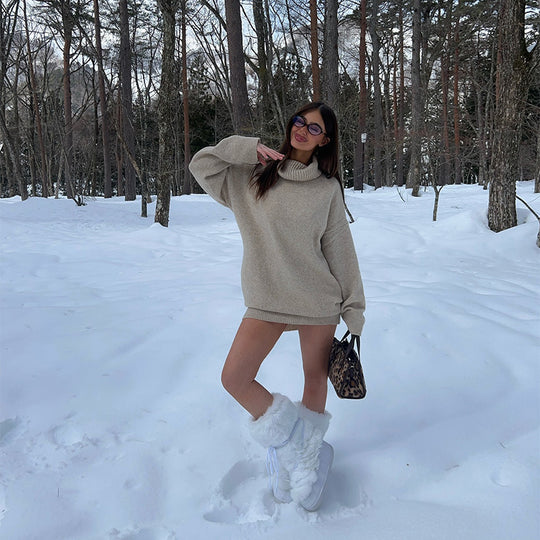 Damen Oversized Strickpullover mit hohem Kragen R&B