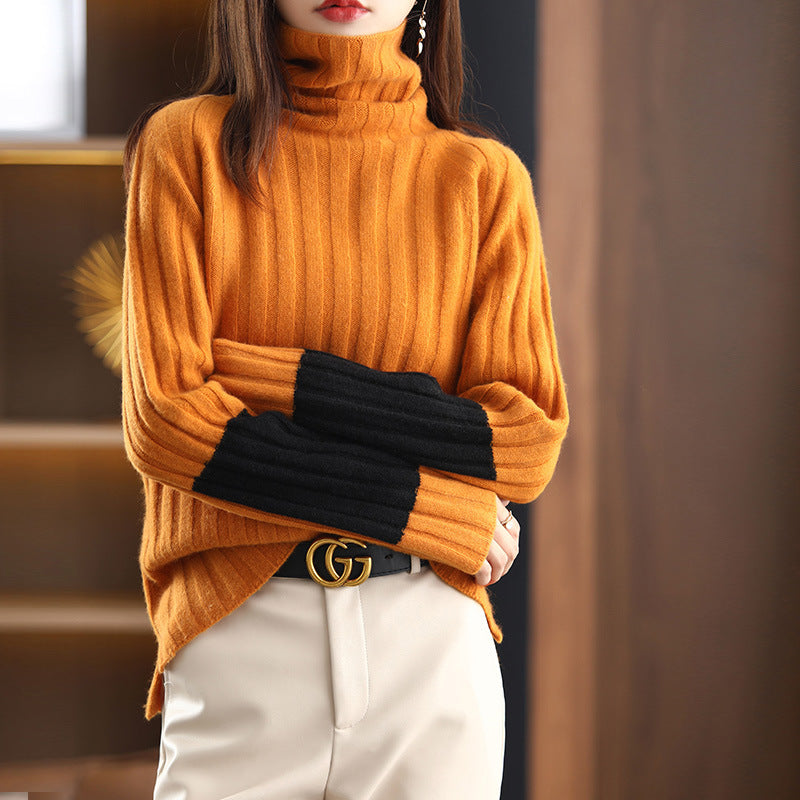 Damen Grob gestrickter Rollkragenpullover mit modischem Streifenmuster R&B