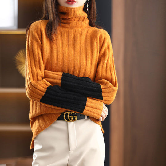 Damen Grob gestrickter Rollkragenpullover mit modischem Streifenmuster R&B