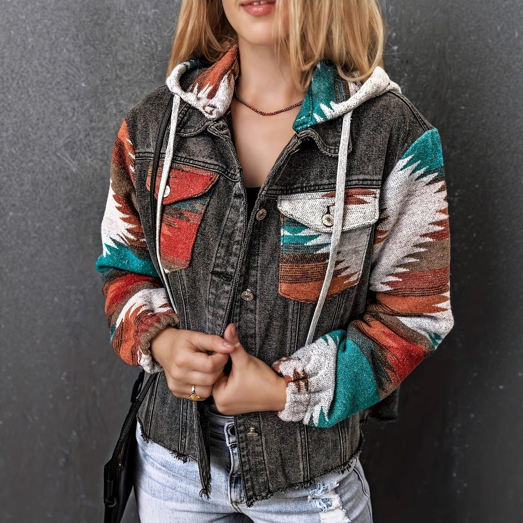Damen Denimjacke im lässigen Boho-Stil mit Kapuze R&B