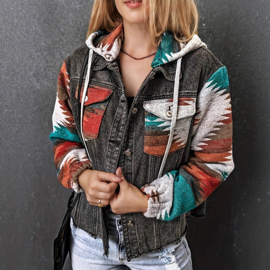 Damen Denimjacke im lässigen Boho-Stil mit Kapuze R&B