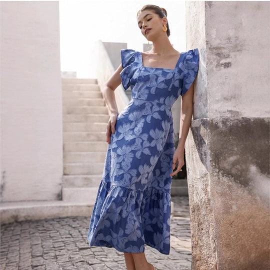 Damen Maxikleid mit floralem Streifenmuster und taillierter Silhouette R&B