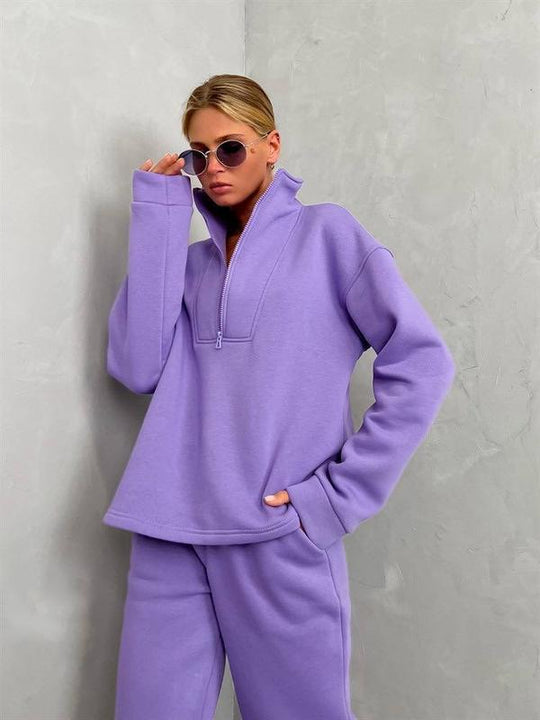 Damen lässiges Fleece-Set mit halbem Reißverschluss und weitem Schnitt R&B