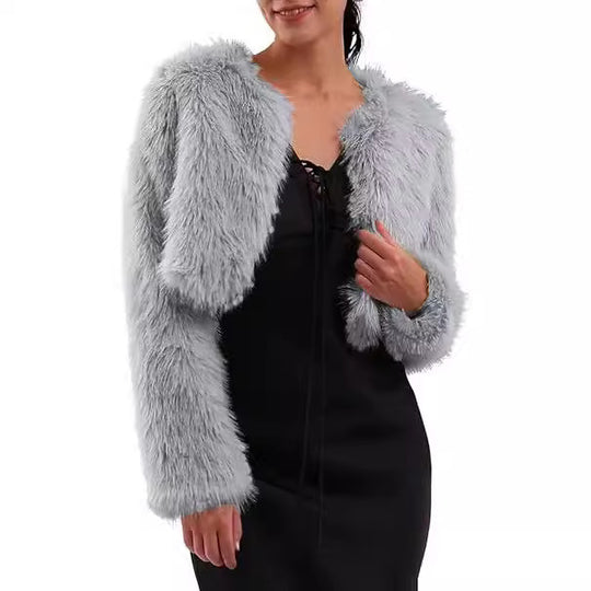 Damen Kurze glamouröse Kunstfelljacke mit lockeren Ärmeln R&B