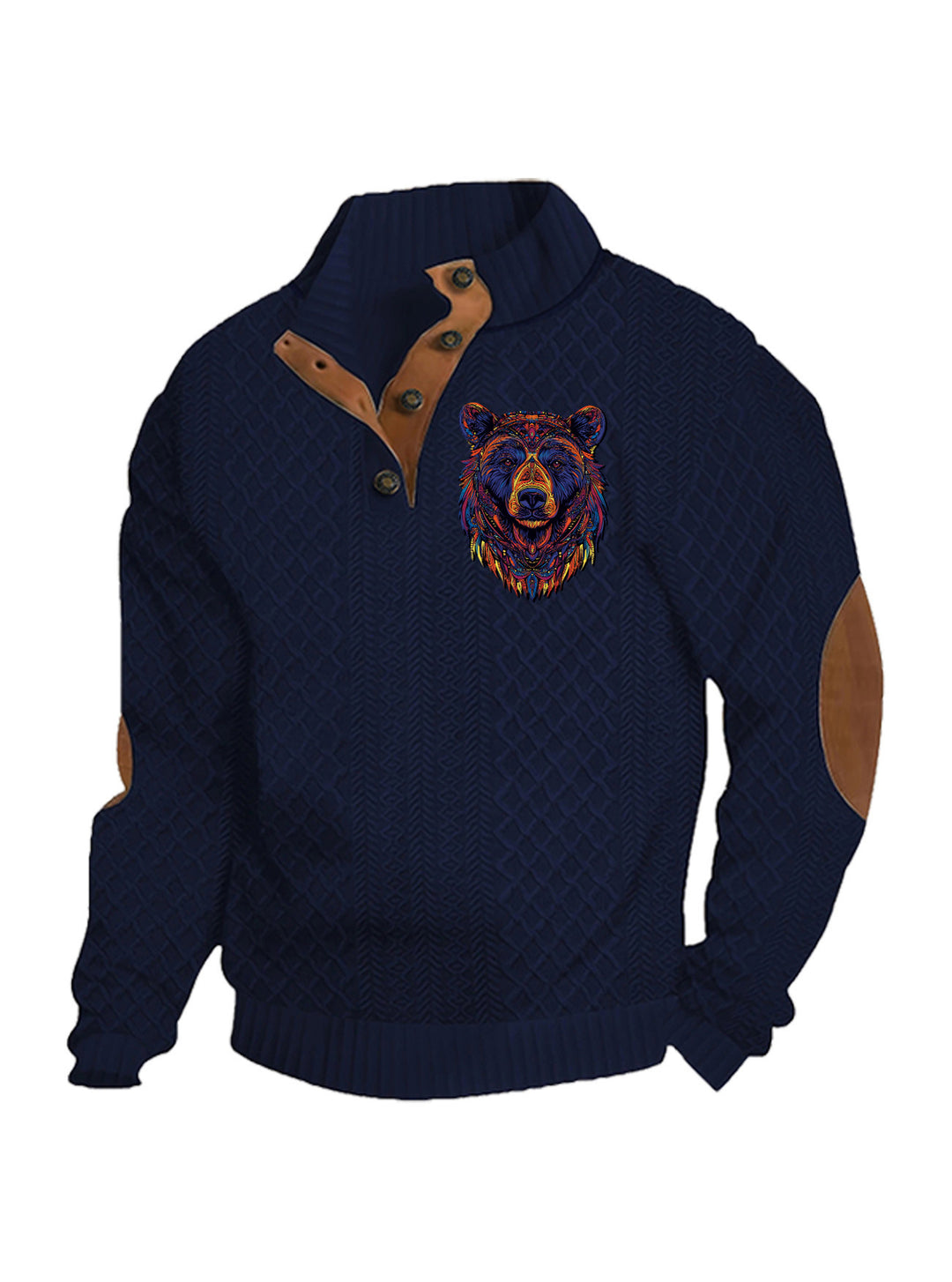 Herren nan Heritage-Strukturpullover mit Stehkragen Lederimitat-Besatz Ellenbogen-Patches und Halbknopfleiste R&B