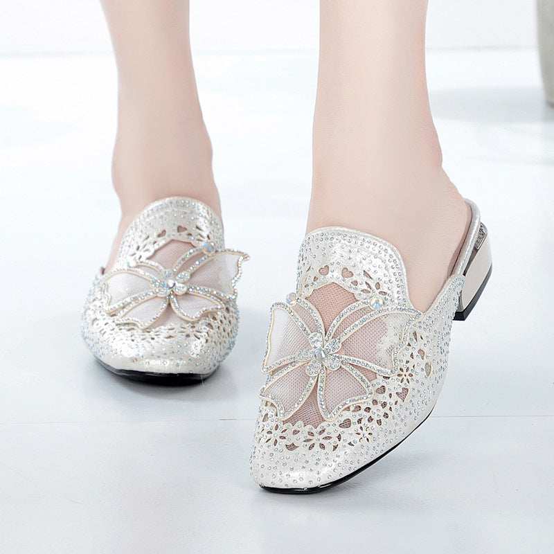 Damen Mules mit funkelnden Strassverzierungen und elegantem Blütenakzent R&B