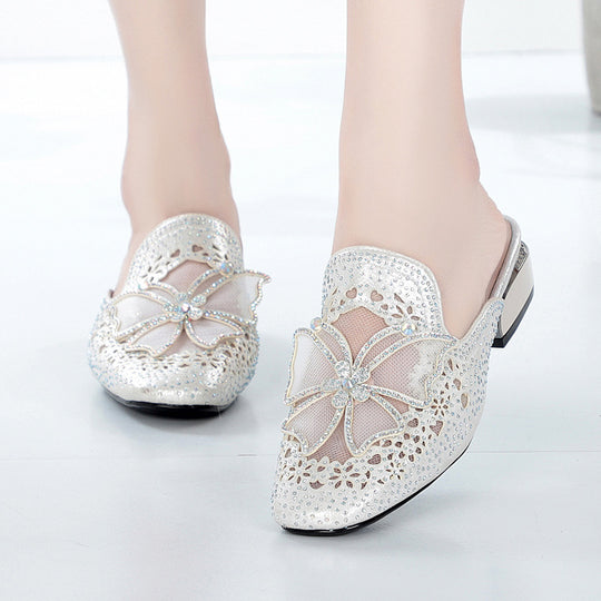 Damen Mules mit funkelnden Strassverzierungen und elegantem Blütenakzent R&B