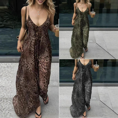 Damen Maxikleid mit tiefem V-Ausschnitt und elegantem Leopardenmuster R&B