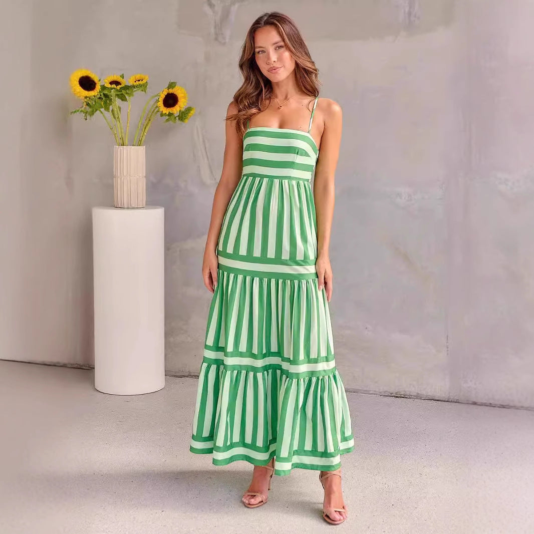 Damen Maxikleid mit Streifenmuster und fließendem Rock R&B