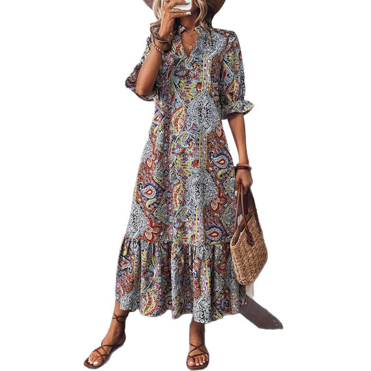 Damen Maxikleid mit buntem Paisley-Muster und modischem Volant R&B