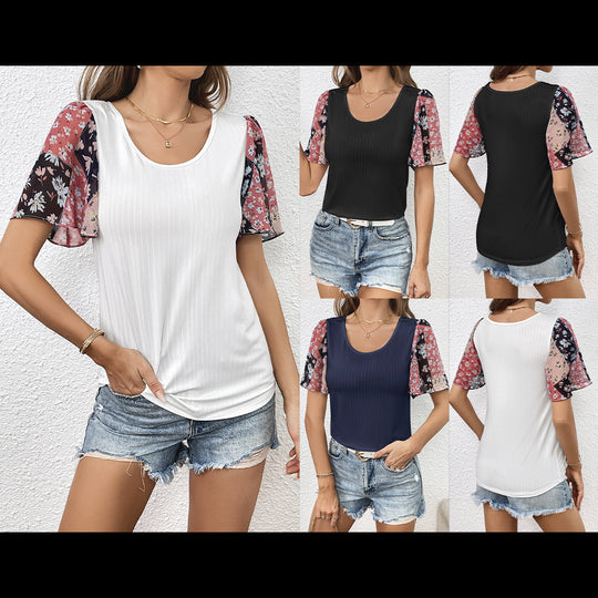 Damen T-Shirt mit eleganten transparenter Blumenärmeln R&B