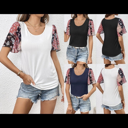 Damen T-Shirt mit eleganten transparenter Blumenärmeln R&B