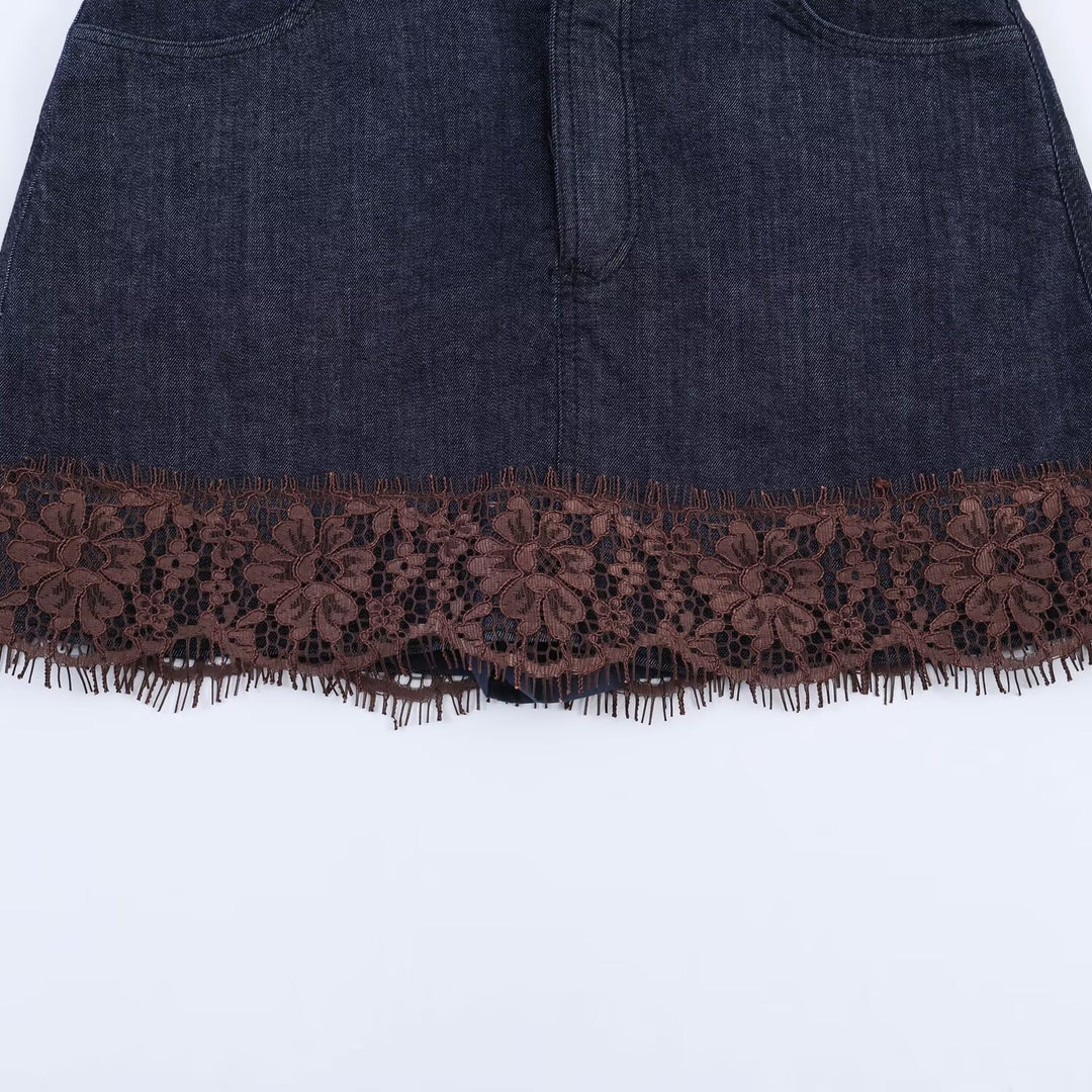 Damen Jeansrock mit exquisiter Spitze und fransigem Saum R&B