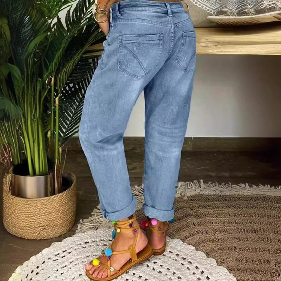 Damen Boyfriend-Jeans mit Knopfleiste und Distressed-Details R&B