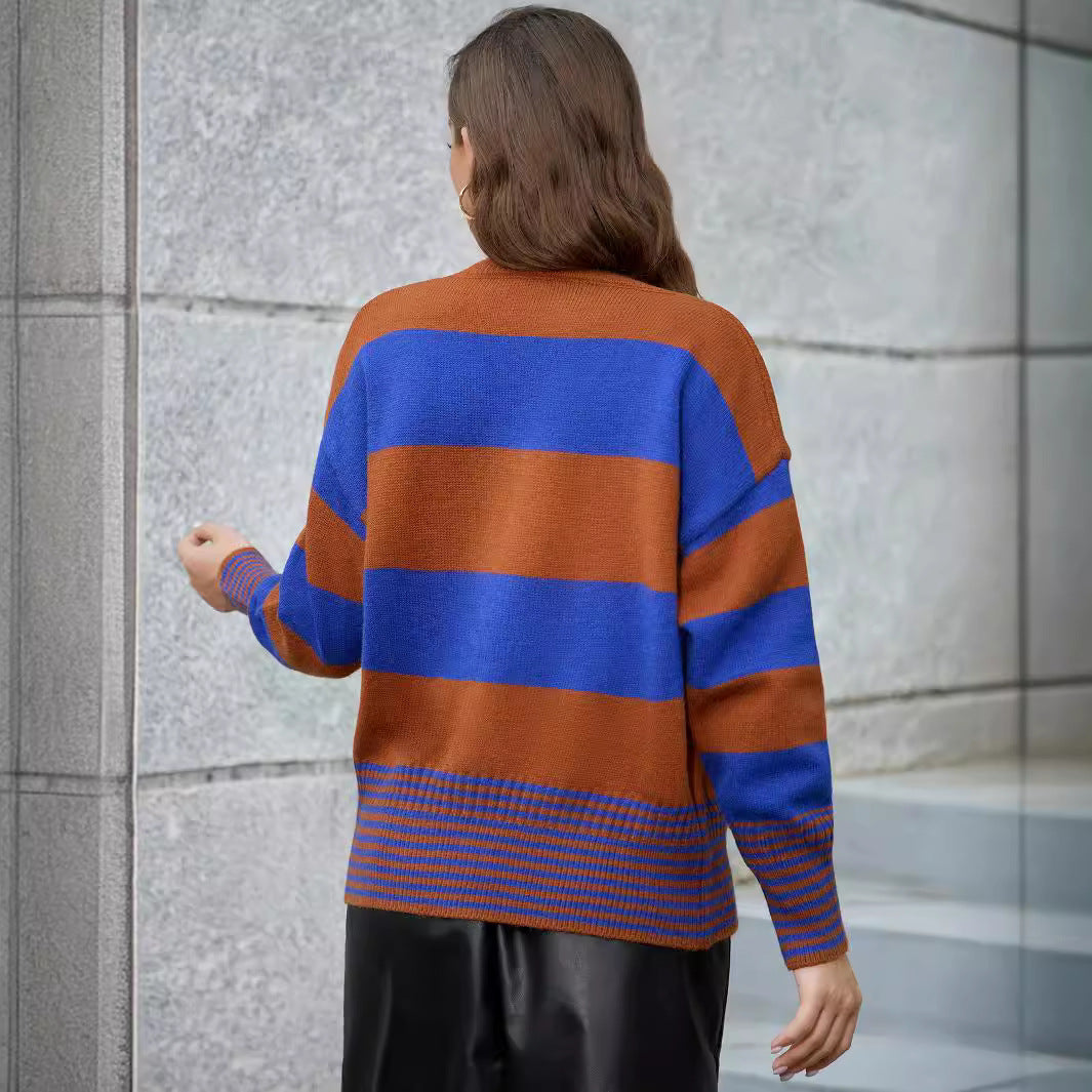 Damen Langarm-Strickjacke mit modernen Streifen und Knopfdetails R&B