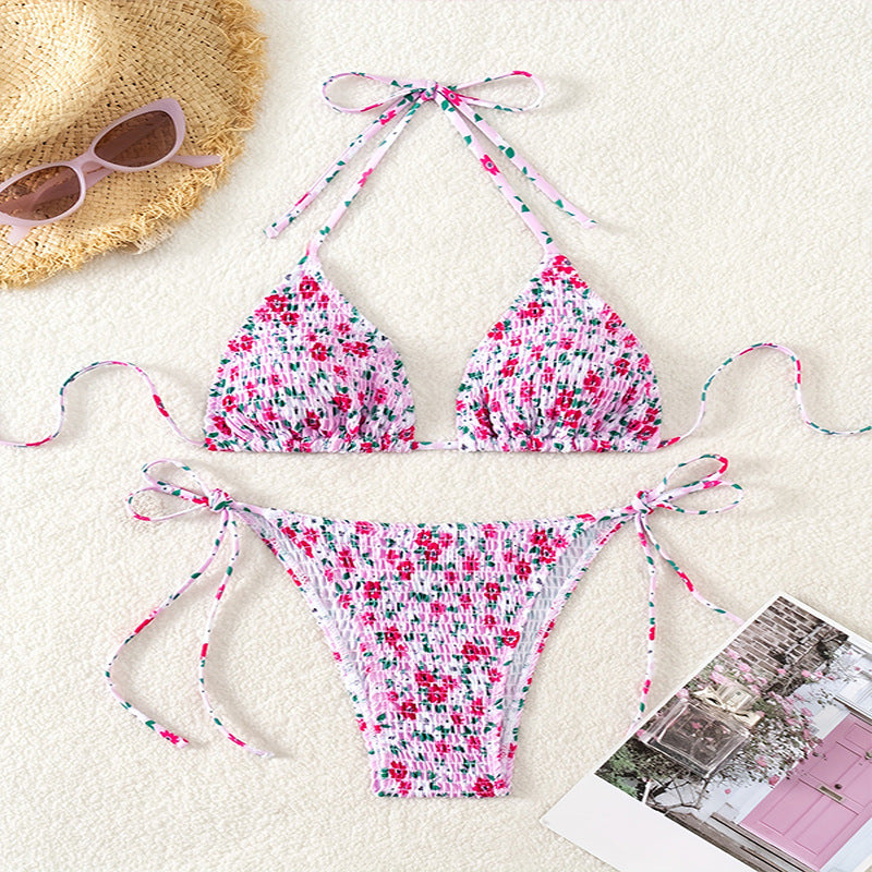 Damen Triangel-Bikini-Set mit verspielter Raffung und hübschem Blumenmuster R&B