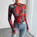 Damen nan figurbetontes Netz-Langarmshirt mit Rosenmotiv, Stehkragen und Wellensaum R&B