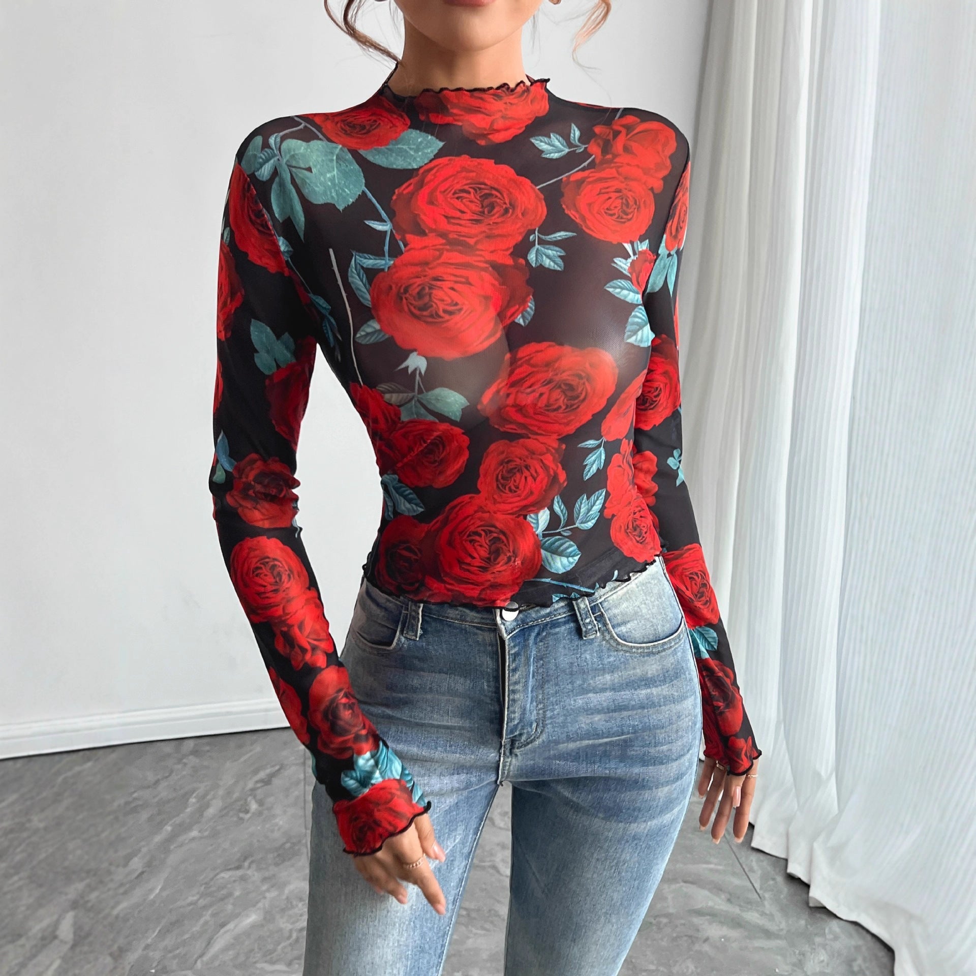 Damen nan figurbetontes Netz-Langarmshirt mit Rosenmotiv, Stehkragen und Wellensaum R&B