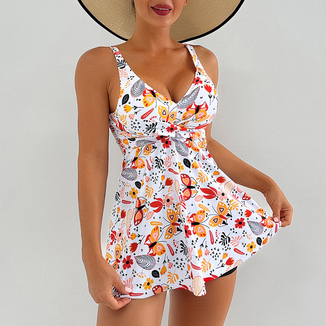 Damen Sportlicher Badeanzug mit fließendem Rock und floralen Akzenten R&B