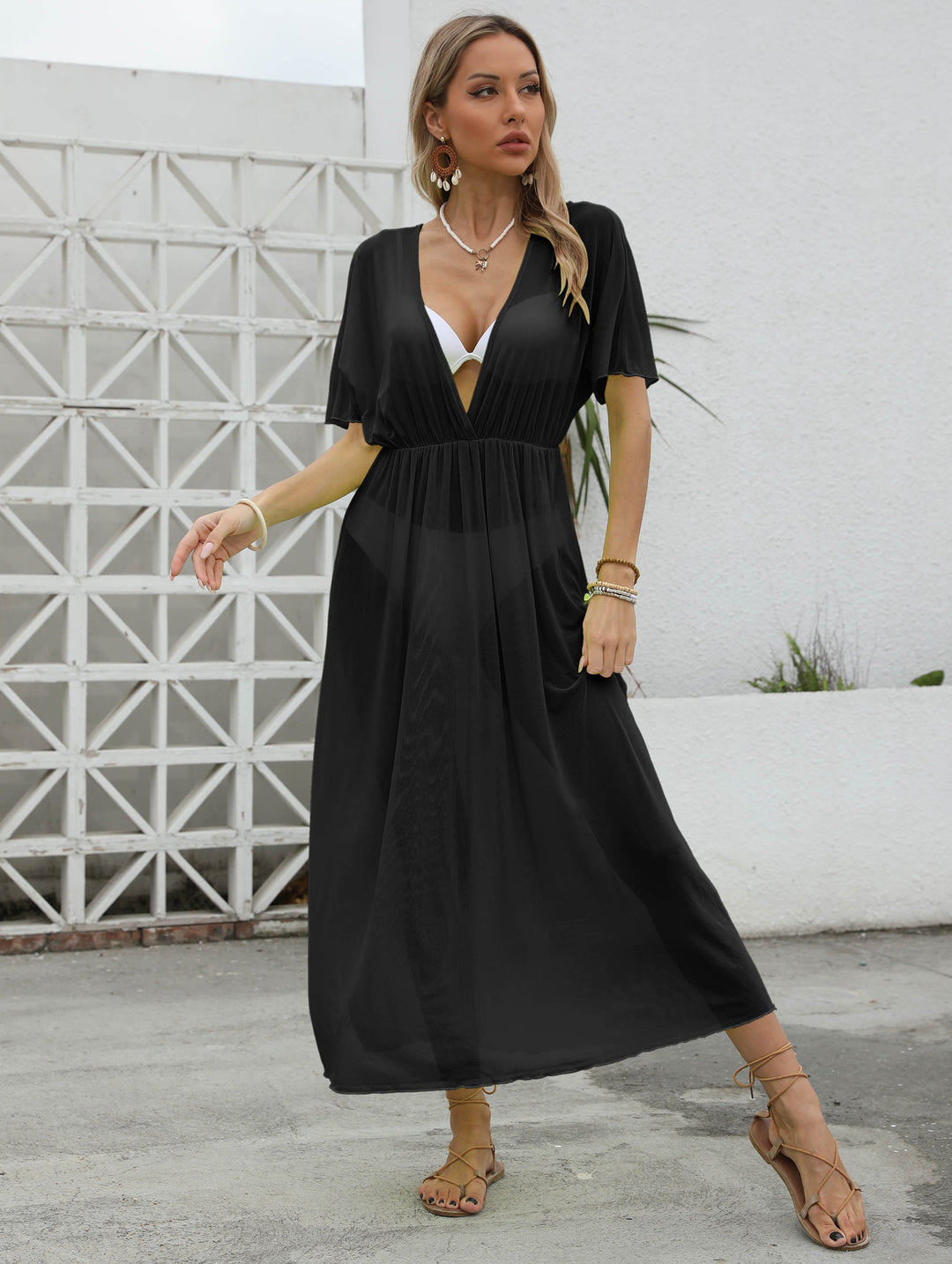Damen elegantes Maxi-Kleid mit tiefem V-Ausschnitt und fließendem Rock R&B