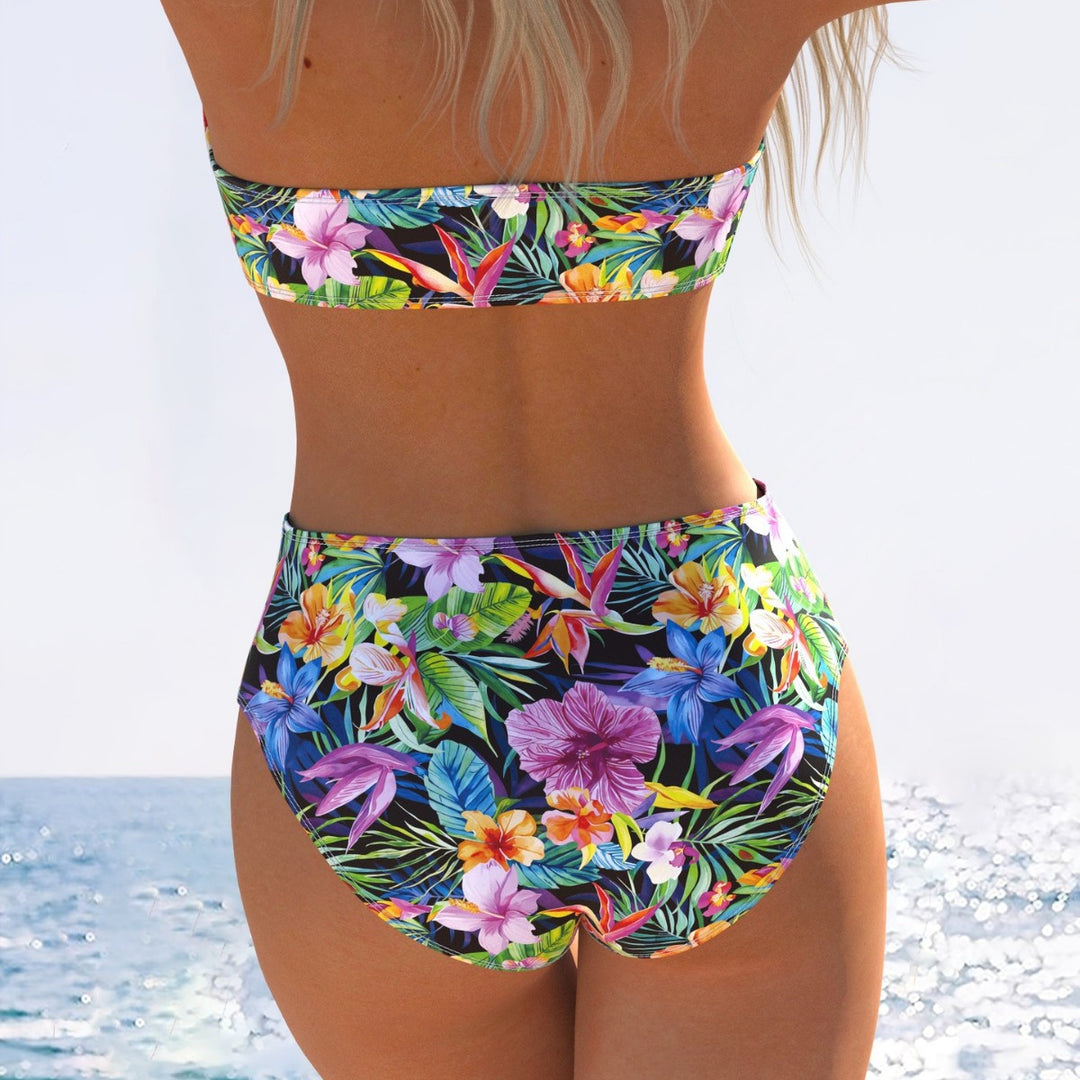 Damen Bandeau-Bikini mit hohem Taillenschnitt und buntem Tropenmotiv R&B