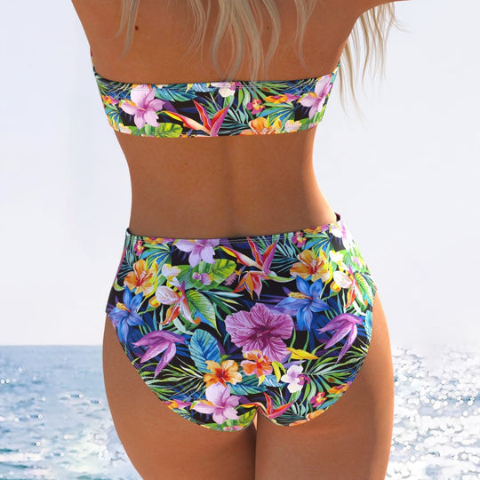 Damen Bandeau-Bikini mit hohem Taillenschnitt und buntem Tropenmotiv R&B