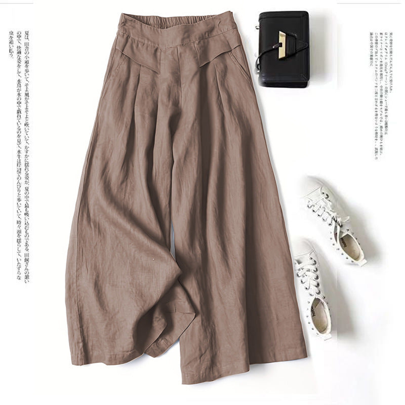 Damen Weit geschnittene Leinenhose mit hohem Bund und eleganten Falten R&B