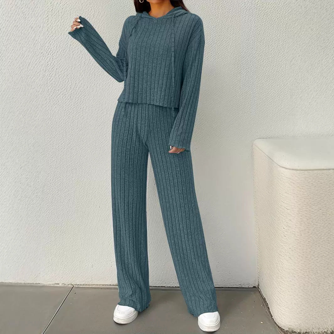 Damen lässiges Strick-Lounge-Set mit Kapuze und weitem Schnitt R&B