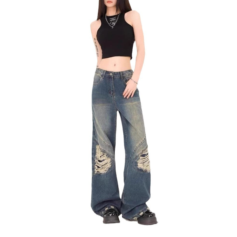 Damen Weite Jeans mit ausgefranstem Design und modischen Rissdetails R&B
