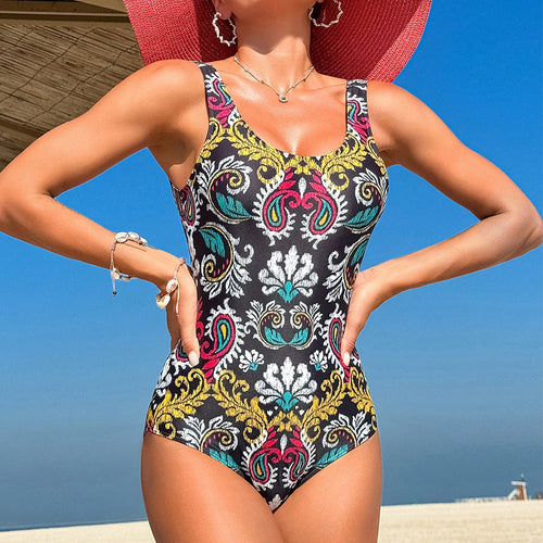 Damen Einteiler Badeanzug mit floralen Mustern und hohem Beinausschnitt R&B