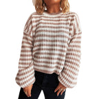 Damen lässiger Strickpullover mit breiten Streifen R&B