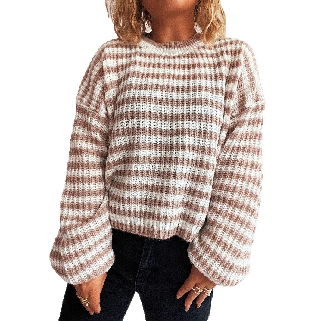 Damen lässiger Strickpullover mit breiten Streifen R&B