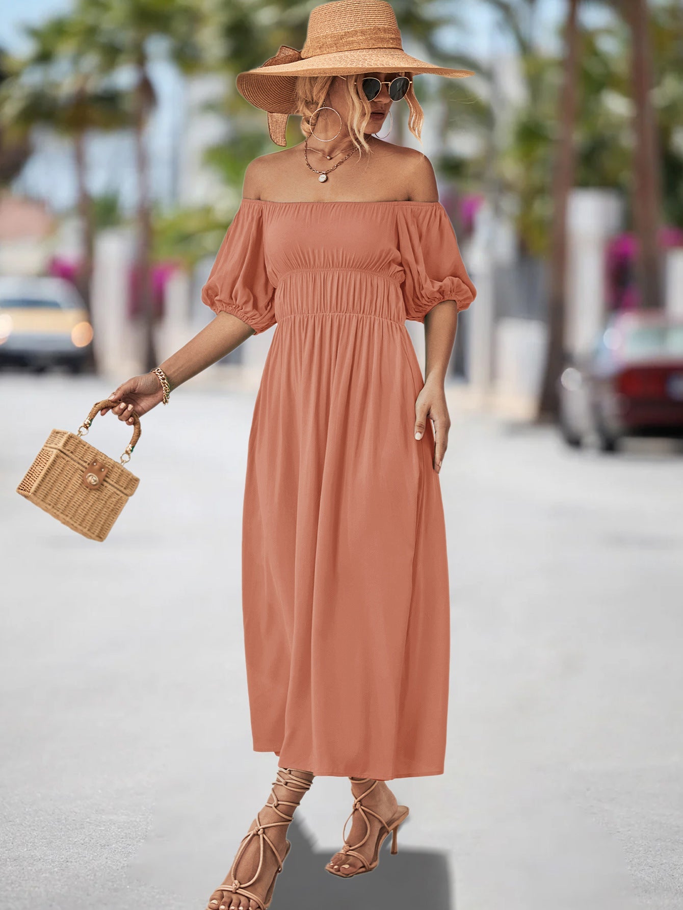 Damen Off-Shoulder Maxikleid mit voluminösen Puffärmeln und elastischem Taillenband R&B