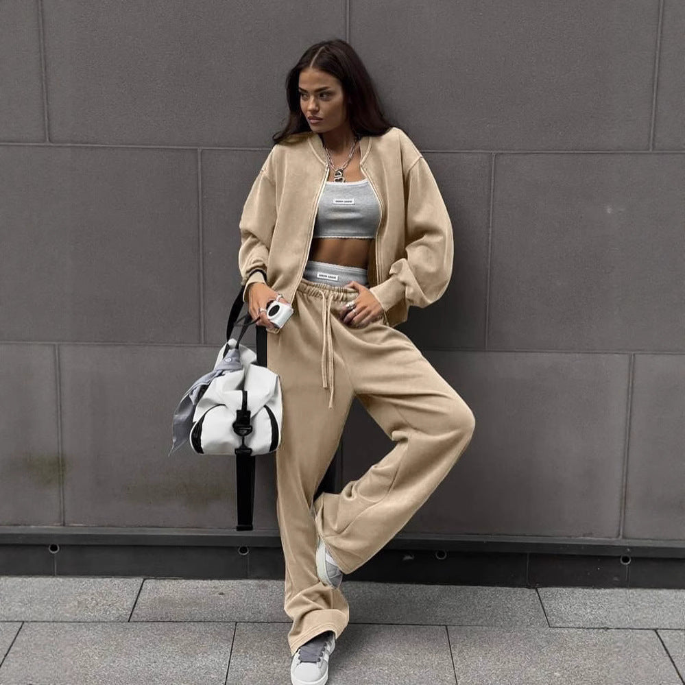 Damen lässiges Lounge-Set mit weiten Hosen und sportlicher Jacke R&B