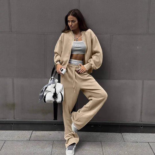 Damen lässiges Lounge-Set mit weiten Hosen und sportlicher Jacke R&B