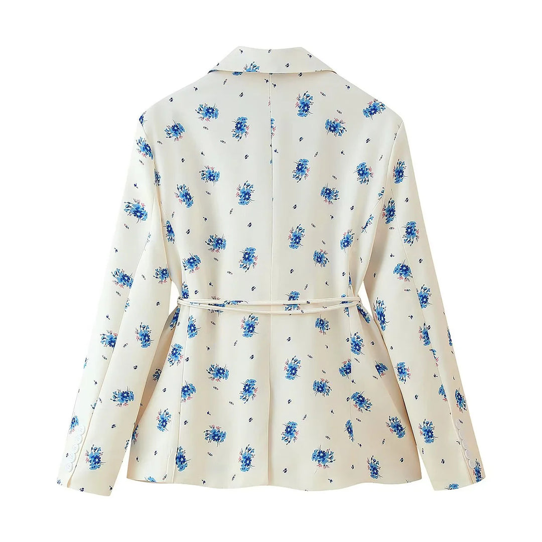 Damen elegante Blazerjacke mit floralem Muster und taillierbarem Gürtel R&B