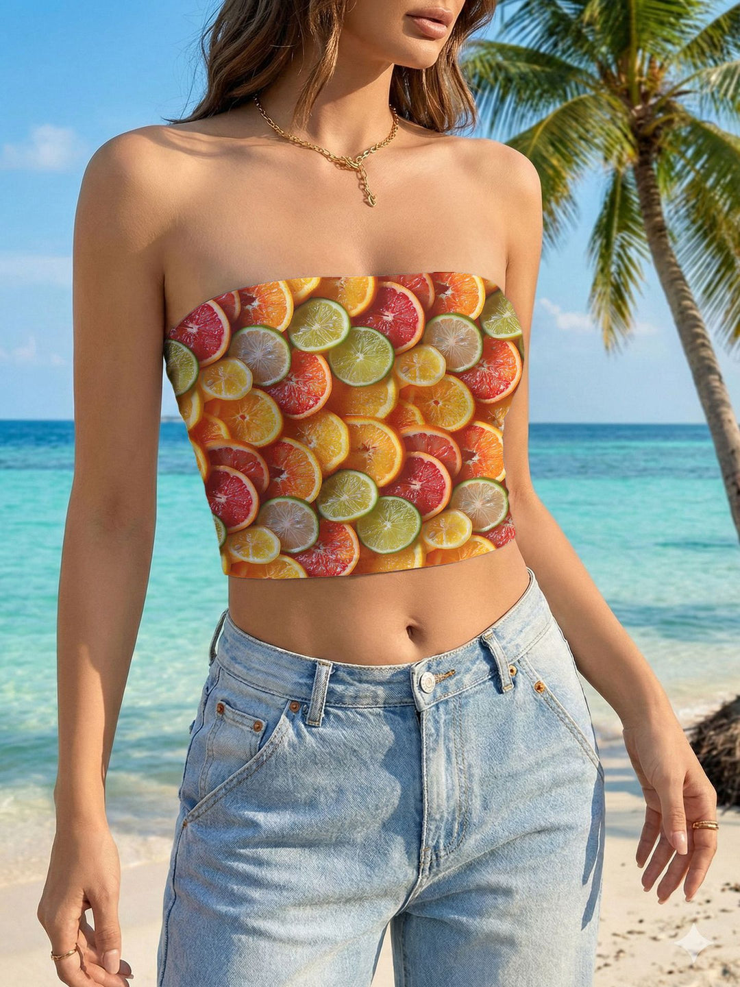Damen Bandeau-Top mit floralem Vogelmotiv und elastischer Passform R&B