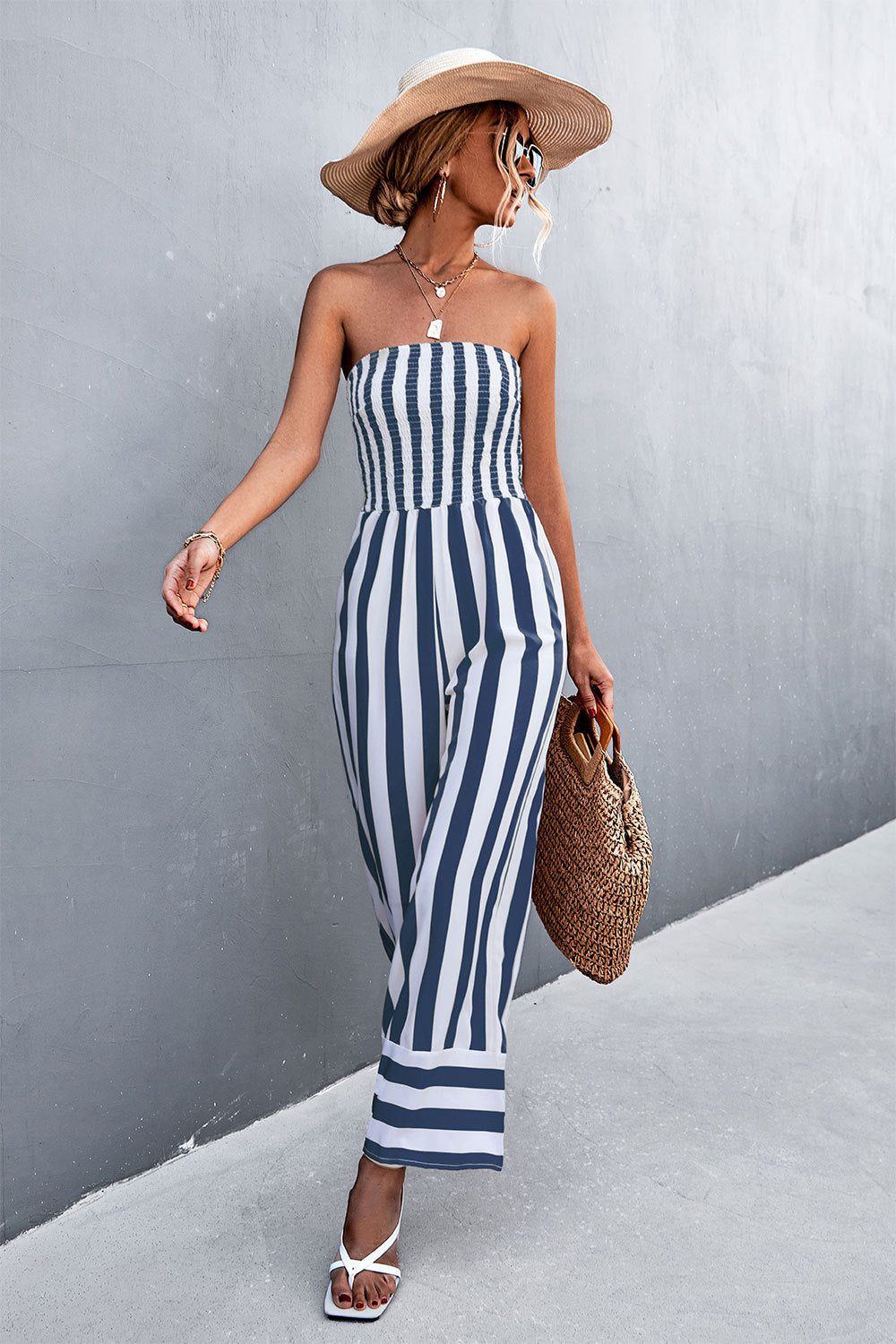 Damen Jumpsuit mit gestreiftem Oberteil und weitem Bein R&B