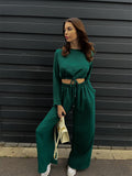Damen Stylishes Zweiteiler-Set mit raffinierter Crop-Bluse und weiter Hose R&B