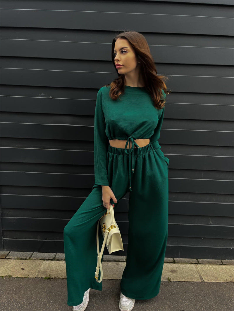 Damen Stylishes Zweiteiler-Set mit raffinierter Crop-Bluse und weiter Hose R&B