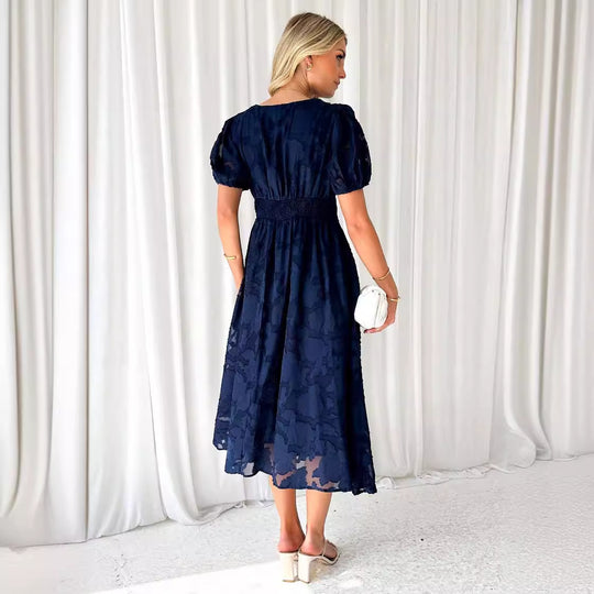 Damen Maxikleid mit floralen Akzenten und voluminösen Puffärmeln R&B