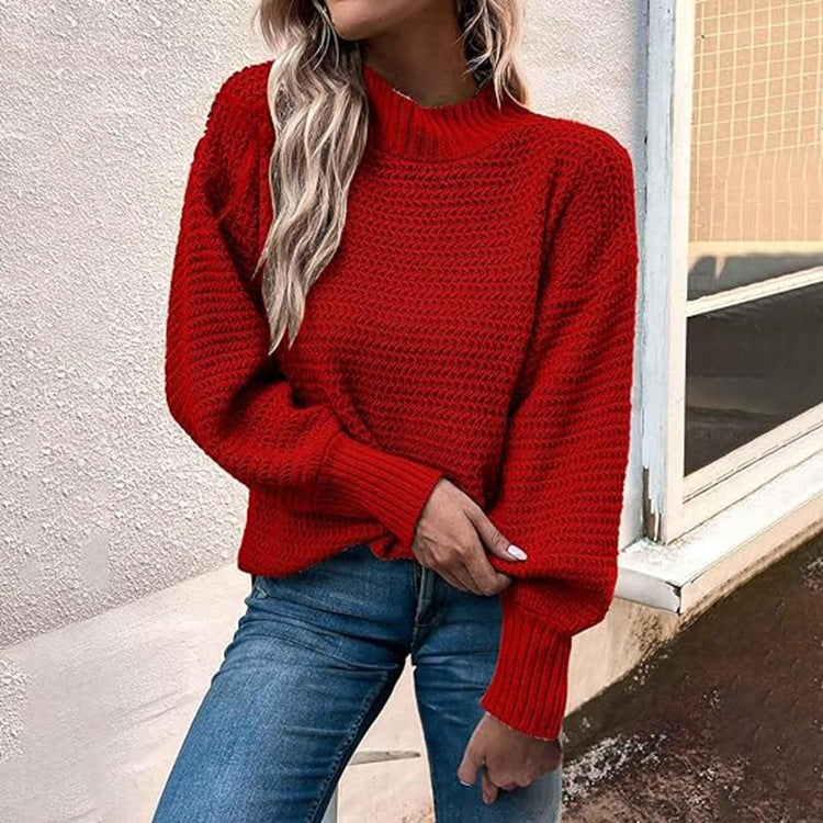 Damen modischer Strickpullover mit hohem Kragen und strukturiertem Muster R&B