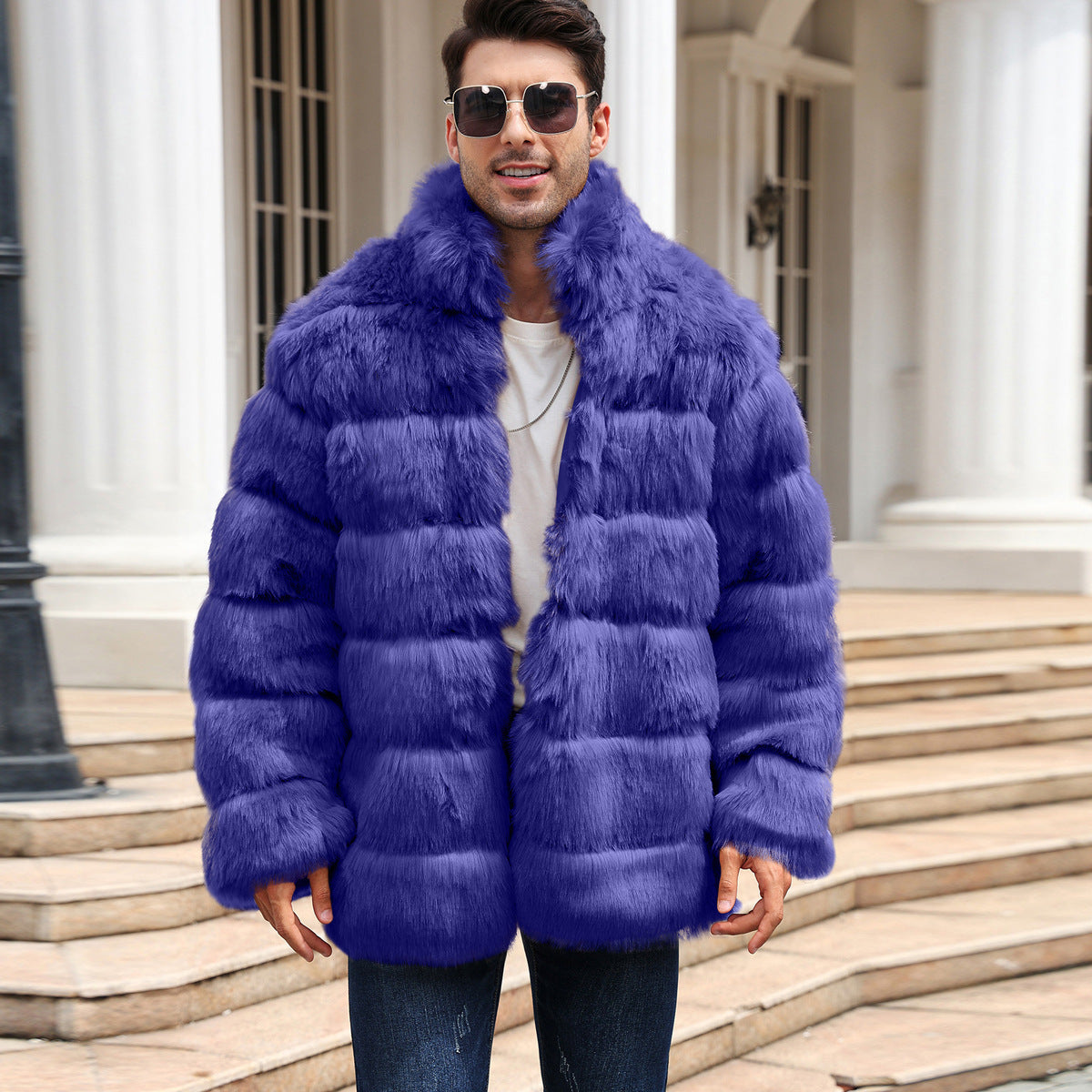 Herren Modischer Kunstpelzmantel mit voluminösem Kragen R&B