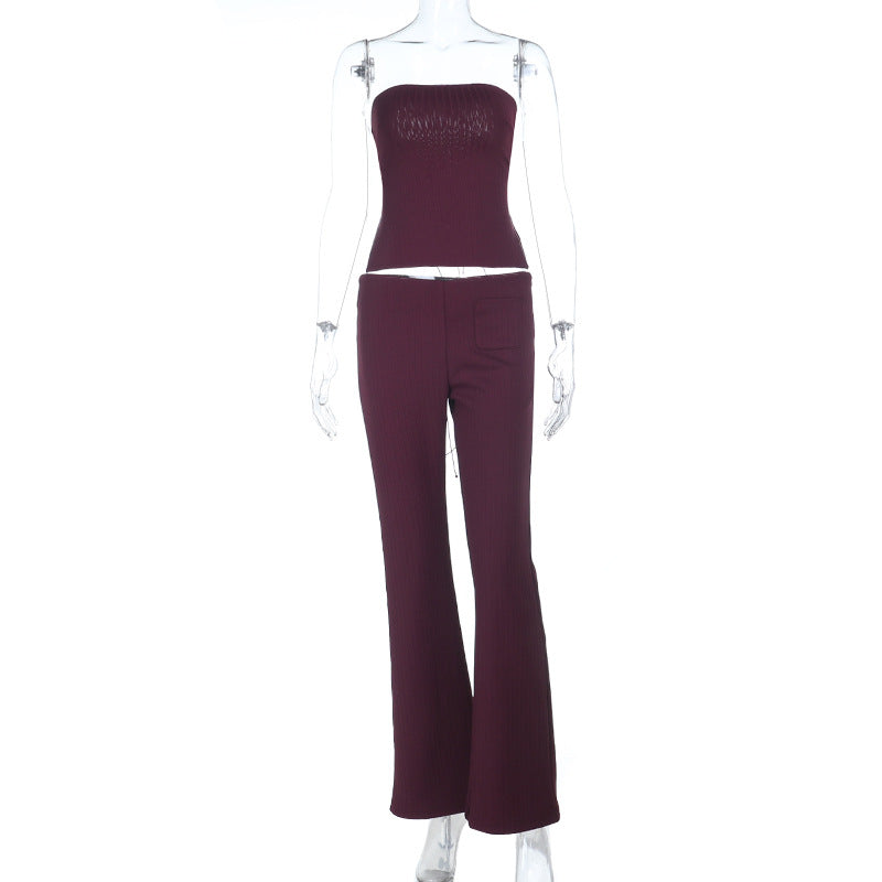 Damen elegantes Set aus trägerlosem Oberteil und flared Hose R&B