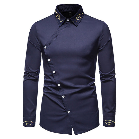 Herren Elegantes Langarmhemd mit asymmetrischem Knopfdesign und gesticktem Kragen R&B