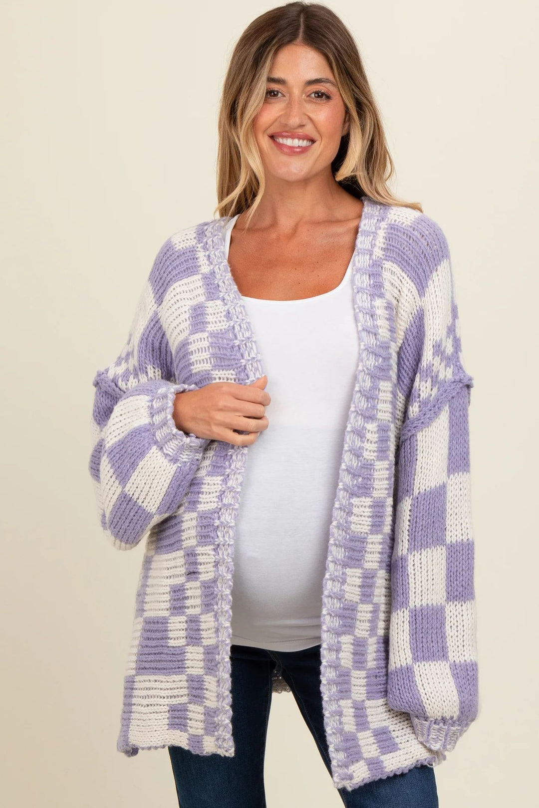 Damen lässiger Strickcardigan mit Karomuster und oversized Schnitt R&B